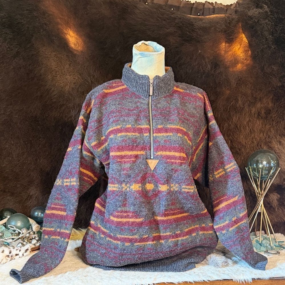 Cozy Multicolor Half-Zip Sweater 100% wool L (6030)